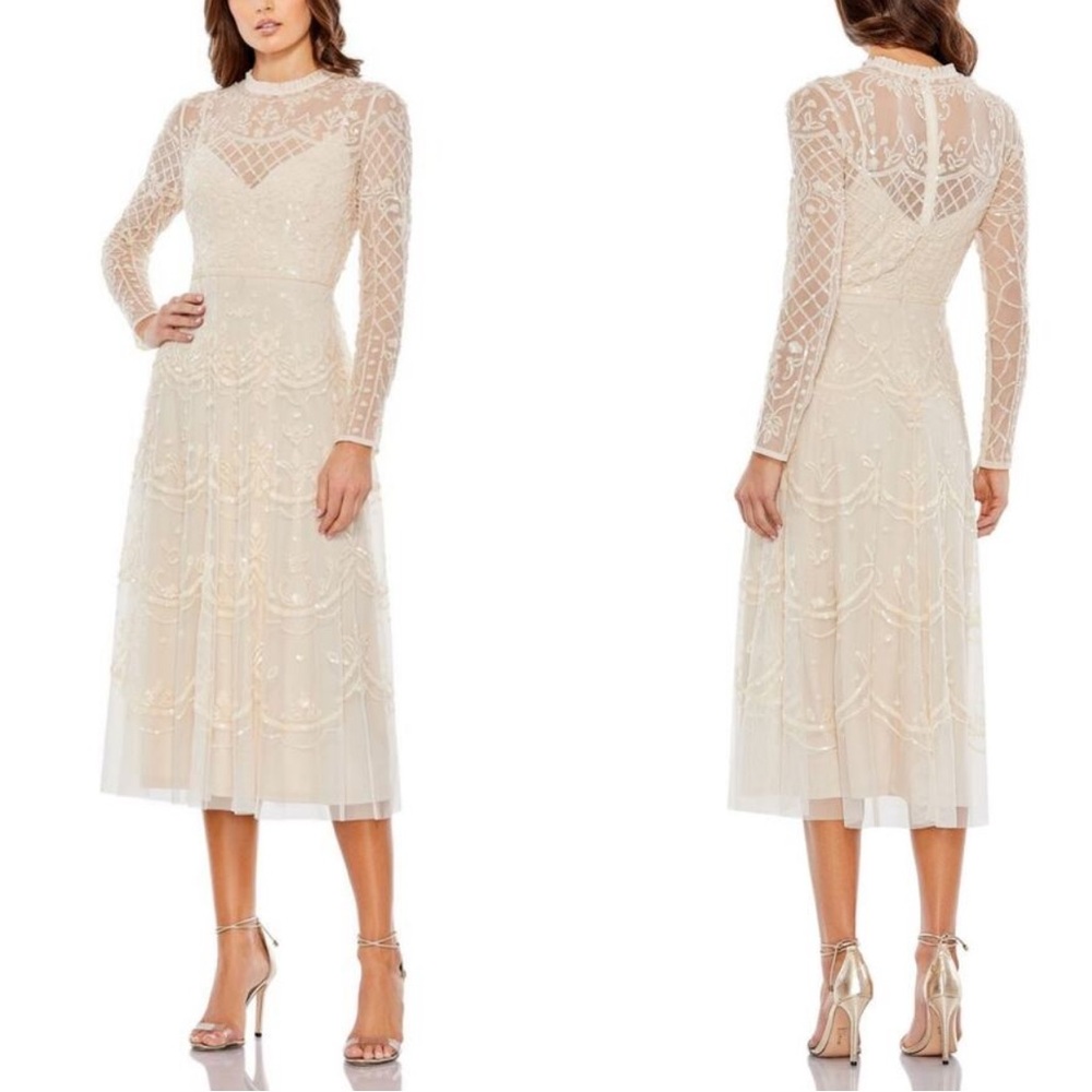 Mac Duggal 9142 Nude Sequined Illusion High Neck Long Sleeve Midi Dress Defected